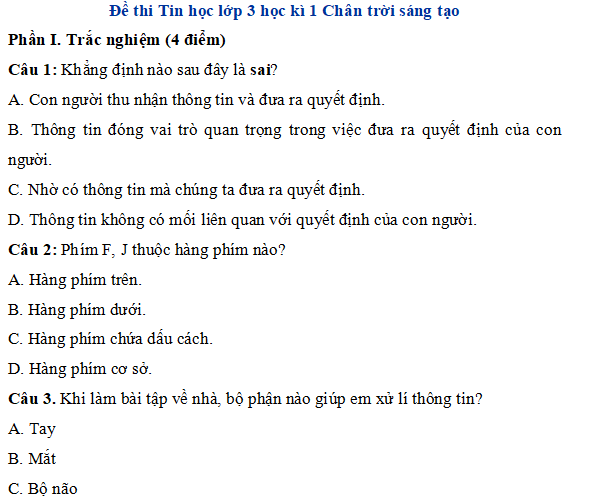 Đáp án Đề thi học kì 1 môn Tin học lớp 3 Chân trời sáng tạo