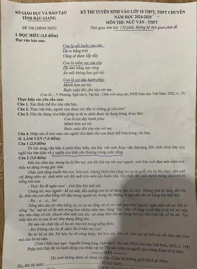 Đáp án đề thi vào lớp 10 tỉnh Hậu Giang năm học 2024-2025