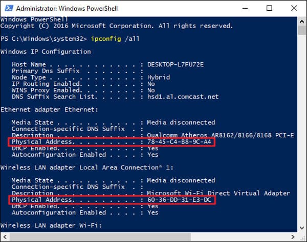Cách tìm địa chỉ MAC bằng Windows PowerShell