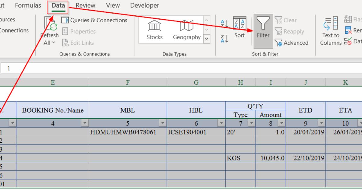 biểu tượng bộ lọc trên dòng tiêu đề của bảng tính