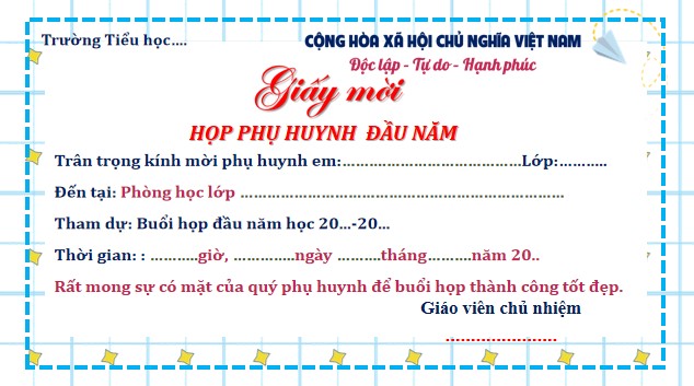 Giấy mời họp phụ huynh đầu năm