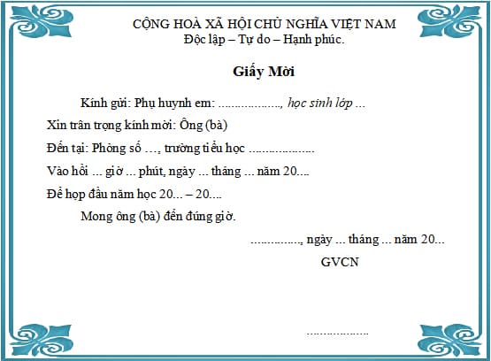 Thông báo mời họp phụ huynh
