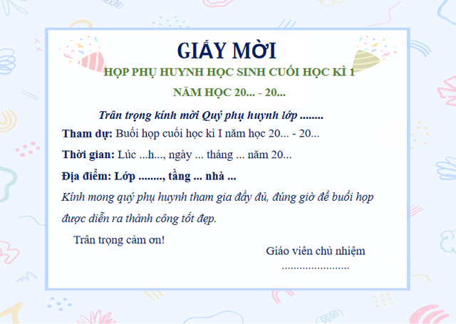 Thư mời họp phụ huynh cuối kì 1 năm học 2025-2026