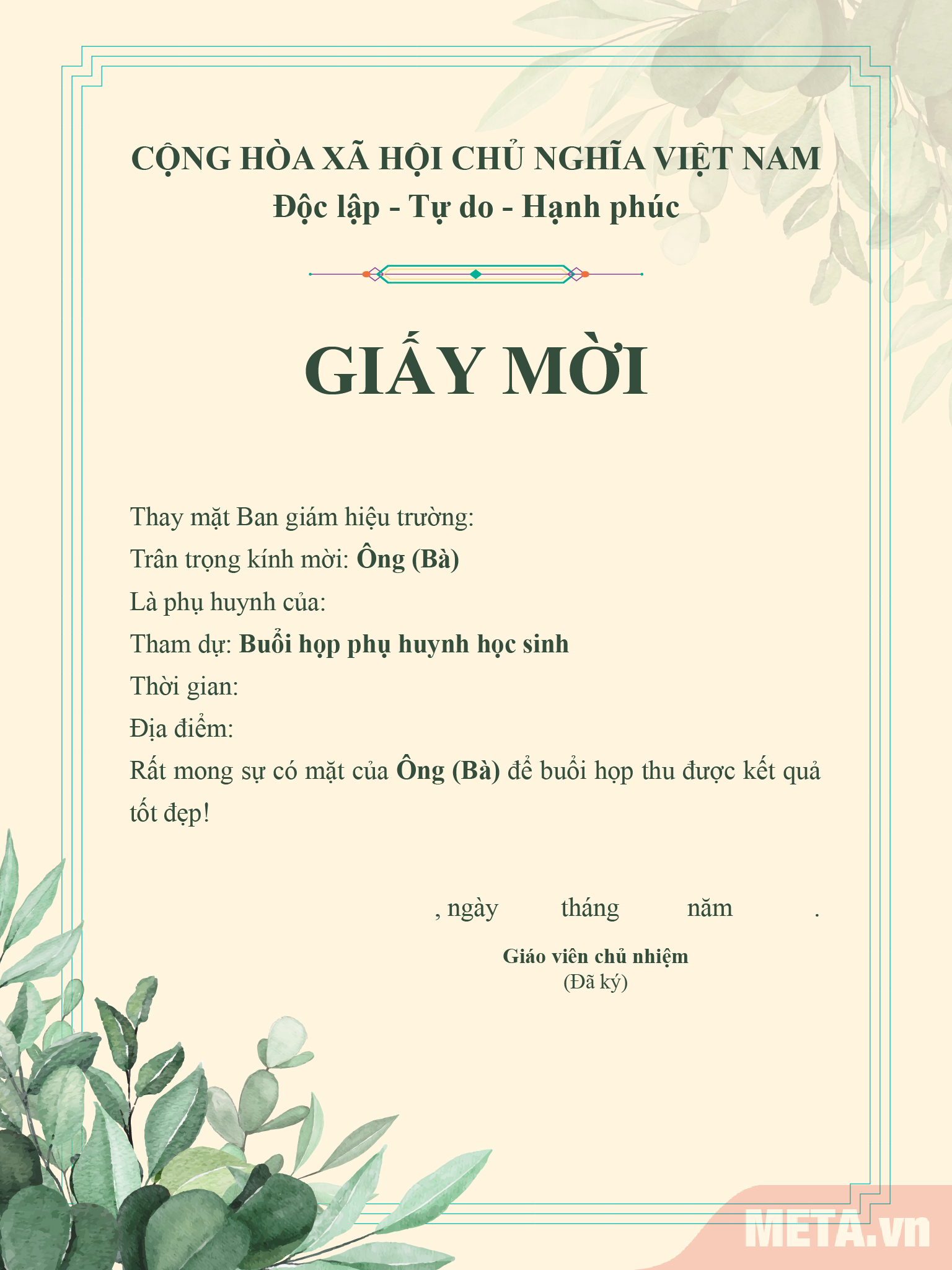 Thiệp mời họp phụ huynh cuối học kì