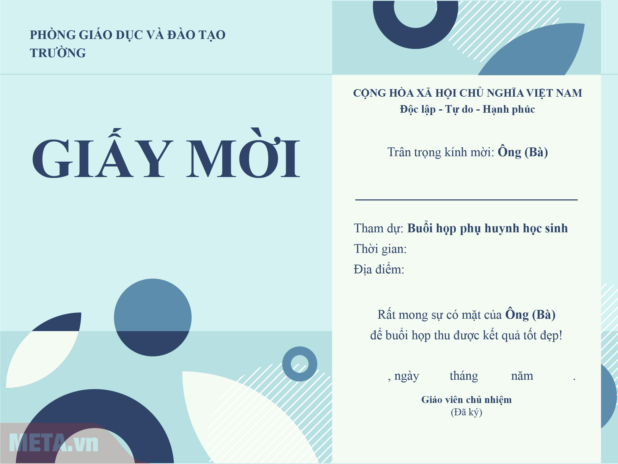 Mẫu giấy mời họp phụ huynh cuối học kì