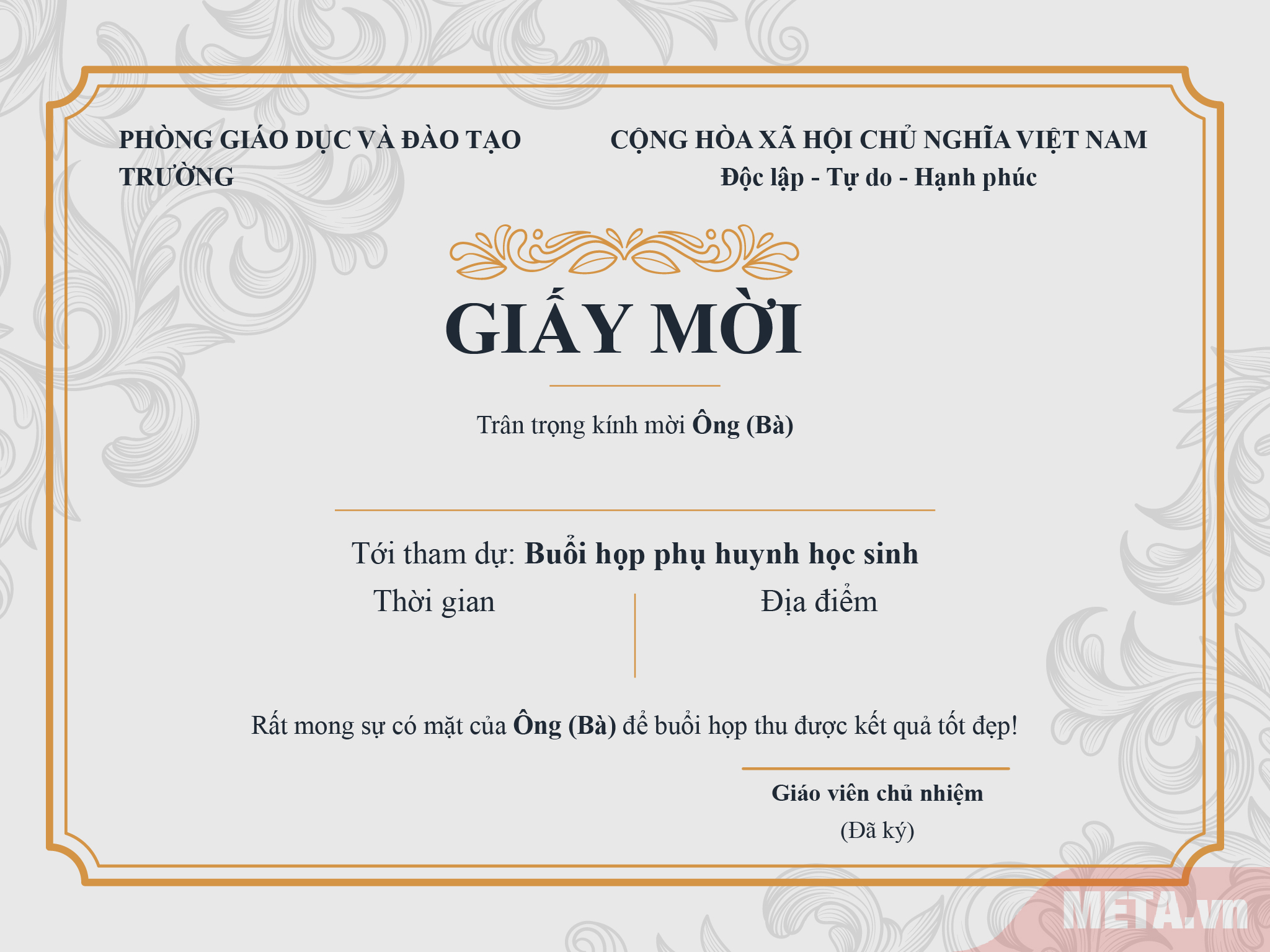 Mẫu giấy mời họp phụ huynh