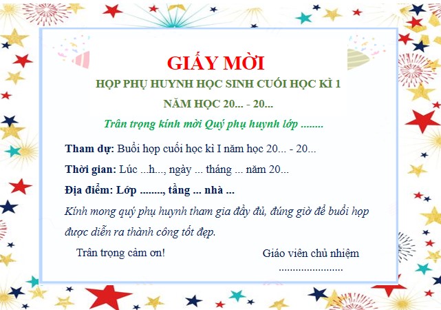 Mẫu giấy mời họp phụ huynh cuối học kì I năm 2025