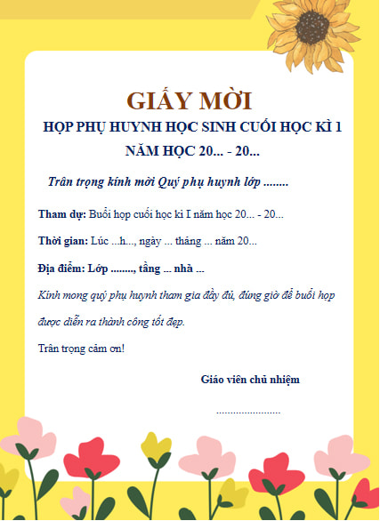 Mẫu giấy mời họp phụ huynh PowerPoint