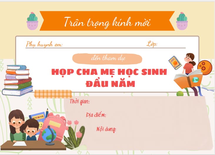 Mẫu giấy mời họp phụ huynh đầu năm nền vàng, hình hoa hướng dương và tulip