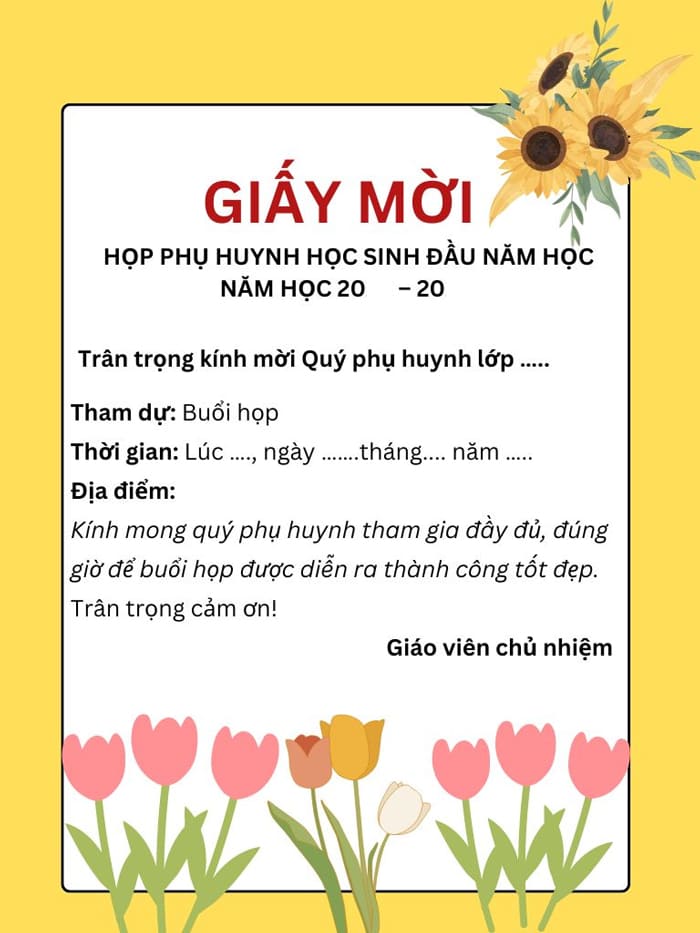 Giấy mời họp phụ huynh đầu năm nền xanh dương cute