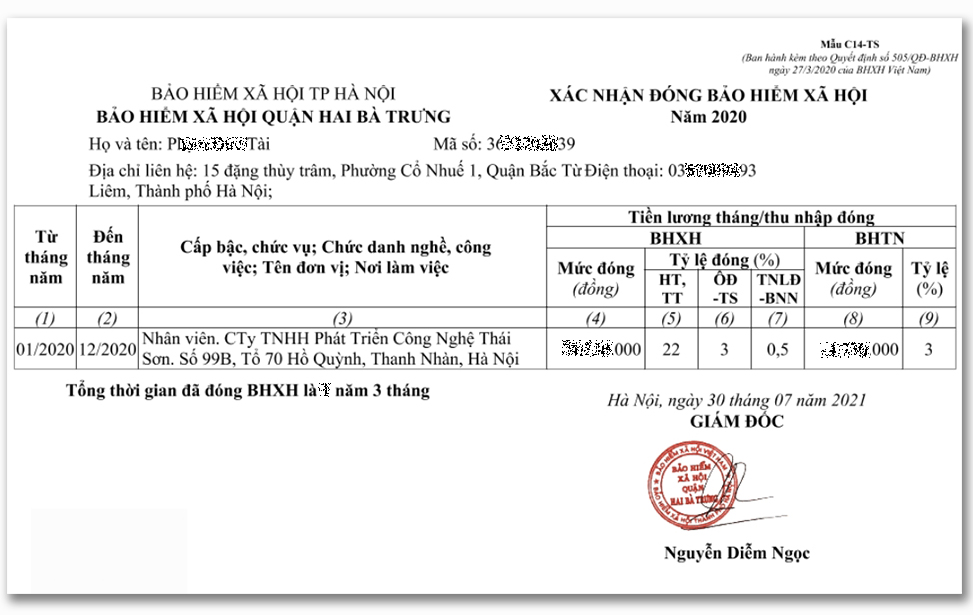 Mẫu xác nhận đóng BHXH mẫu C14-TS