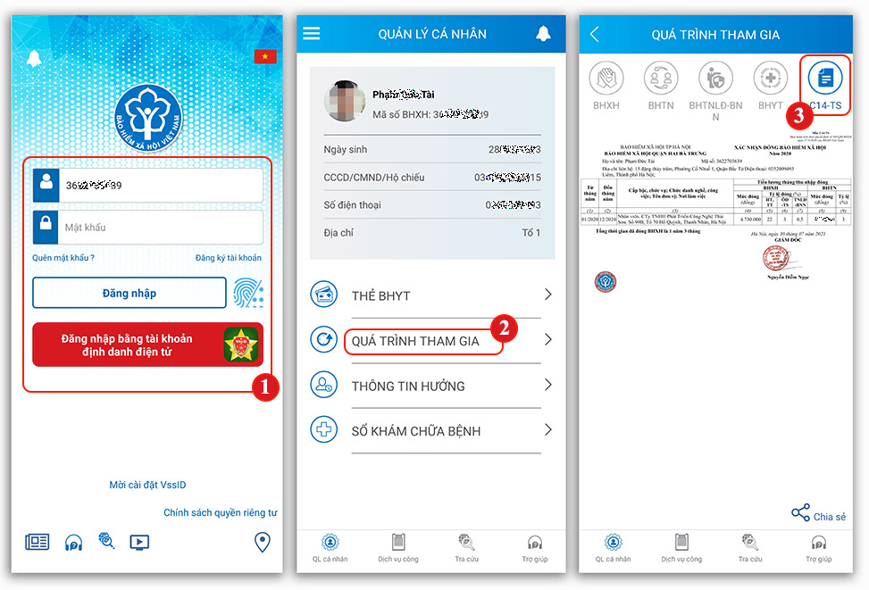 Hướng dẫn các xem mẫu C14-TS - xác nhận đóng BHXH trên VssID