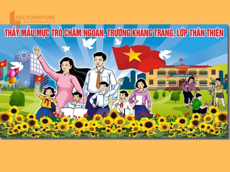 Mẫu pano khẩu hiệu trang trí trường học hạnh phúc
