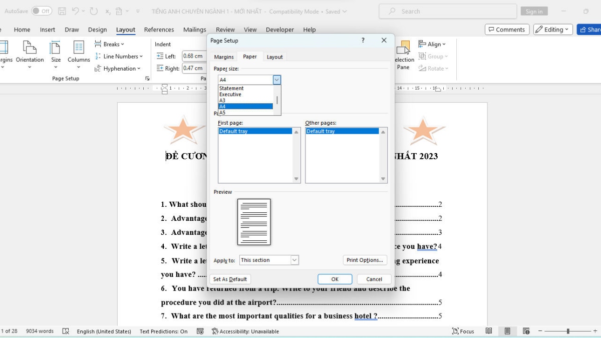 Hướng dẫn in file Word vừa khổ giấy A4 bước 2