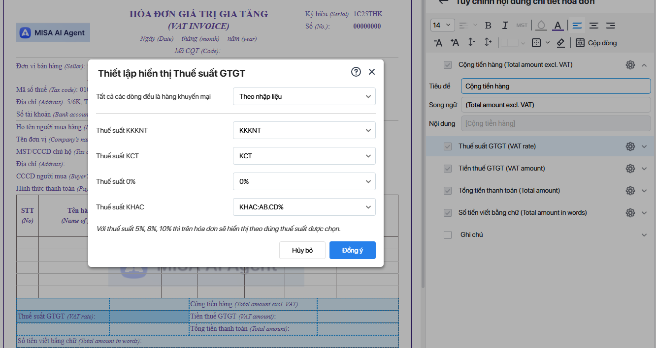 hiển thị chỉ tiêu KCT