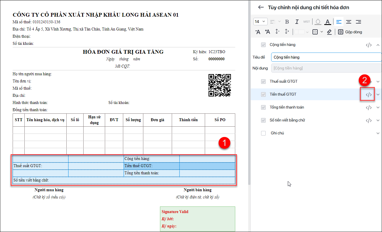 thiết lập hiển thị thông tin thuế suất