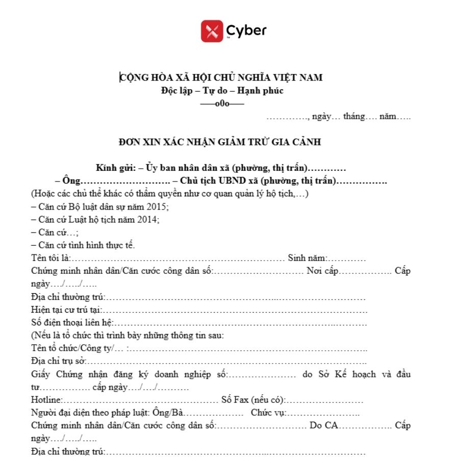 Mẫu đơn xin giảm trừ gia cảnh cho bố mẹ mới nhất