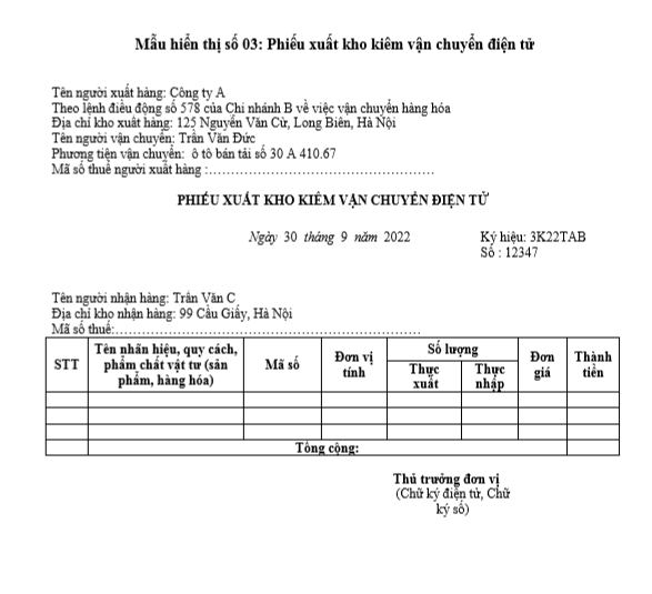Mẫu phiếu xuất kho kiêm vận chuyển điện tử theo Thông tư 68/2019/TT-BTC
