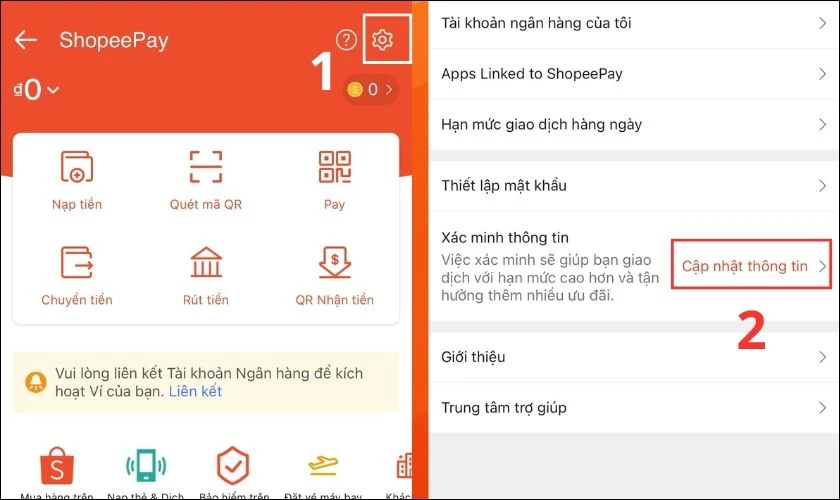 Chọn vào Cập nhật thông tin trong phần Cài đặt