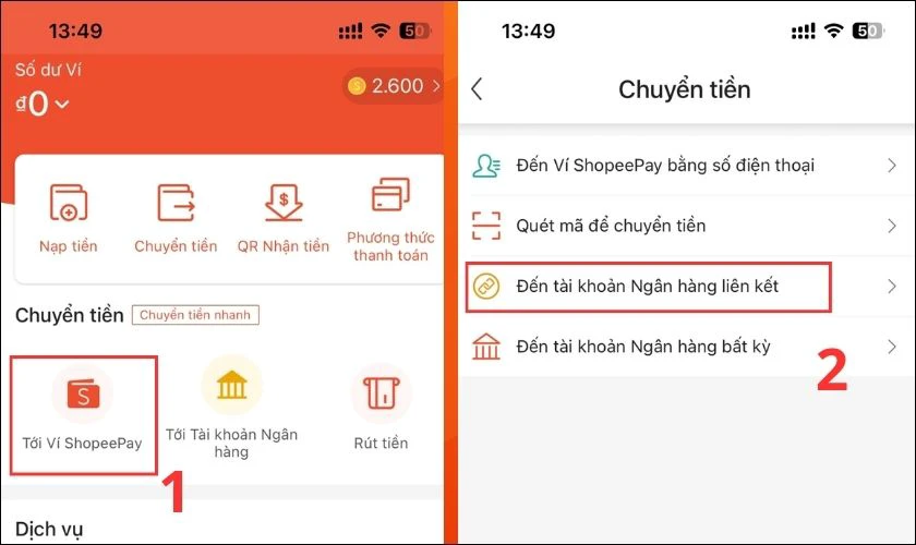 Vào Tới ví ShopeePay và chọn Đến tài khoản Ngân hàng liên kết