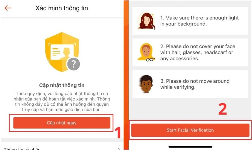 Chọn vào Start Facial Verification để xác minh khuôn mặt