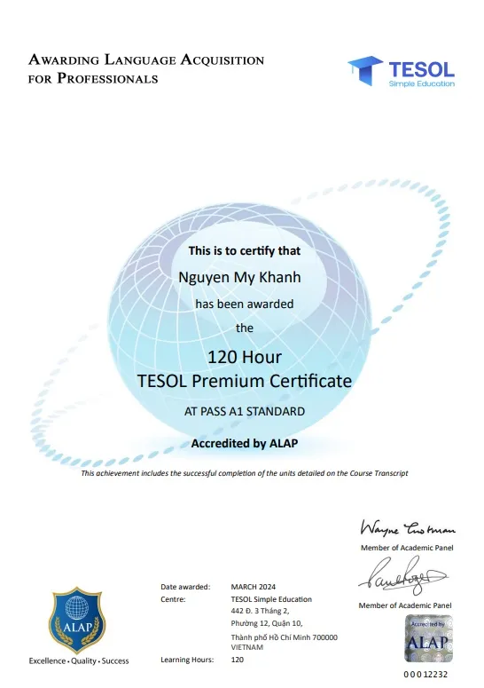 Chứng chỉ TESOL cấp bởi ALAP