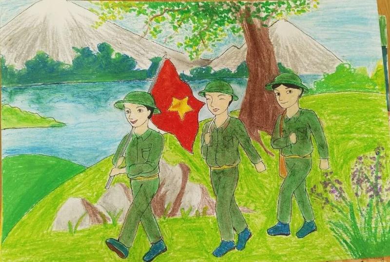 Đoàn quân hành quân trên đường, mang theo tinh thần quyết chiến.