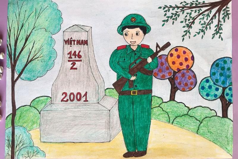 Chú bộ đội đứng gác bên cột mốc biên giới, biểu tượng của trách nhiệm và sự tận tụy.