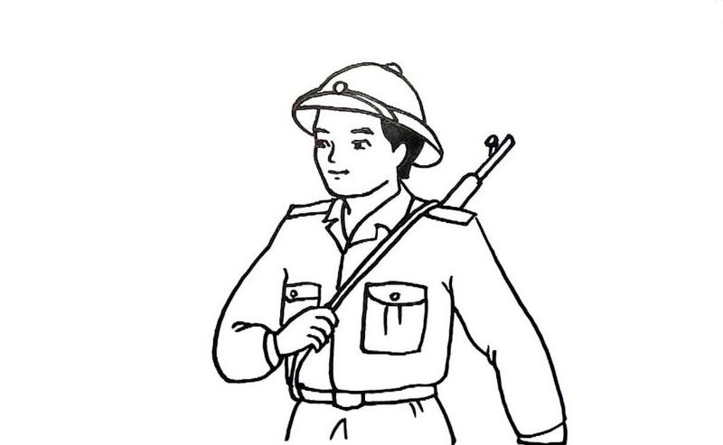 Chú bộ đội kiên cường với chiếc mũ cối và khẩu súng trên vai.