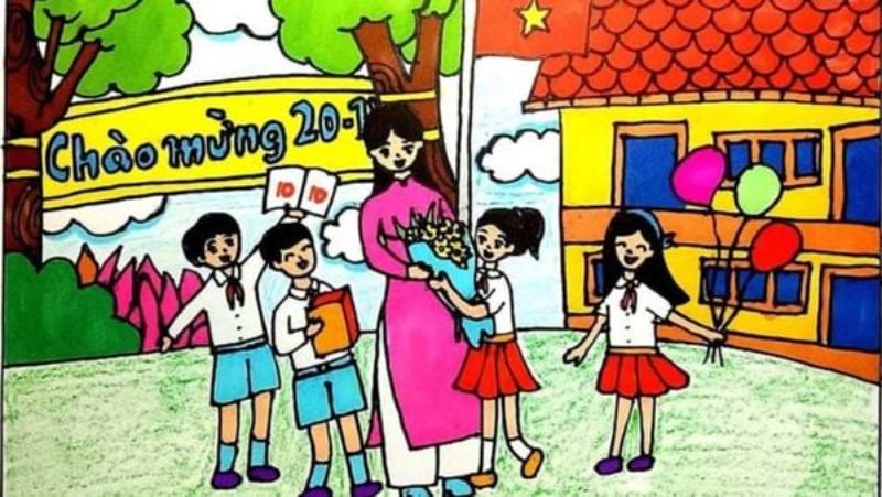 Hình ảnh cô trò thân thương dưới mái trường và lá cờ Tổ quốc, thể hiện truyền thống tôn sư trọng đạo.