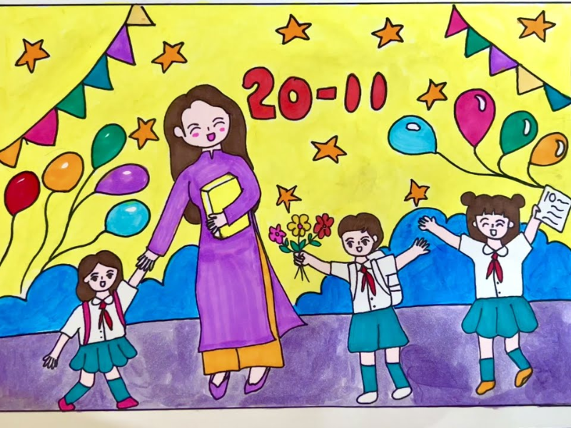 Sử dụng gam màu vàng tươi sáng tạo cảm giác vui tươi, phấn khởi cho ngày hội của thầy cô.