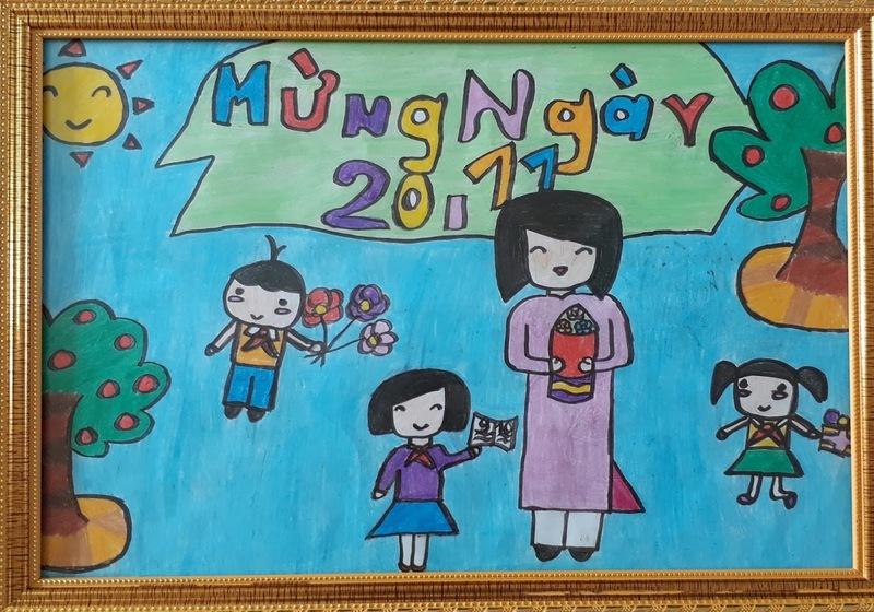 Bức tranh sáp màu ngộ nghĩnh với lời chúc mừng 20.11 mộc mạc nhưng chứa chan tình cảm.