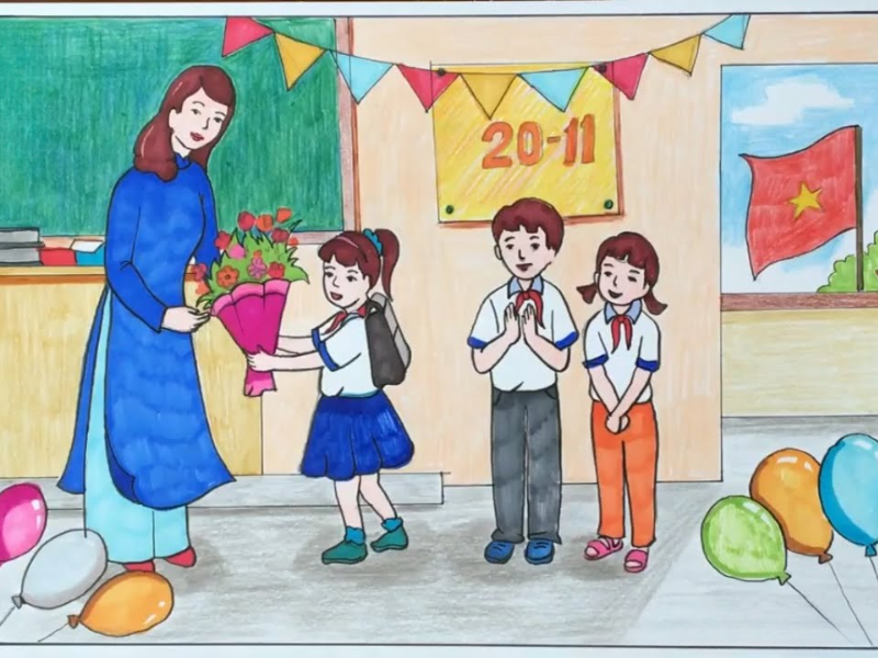 Nét vẽ trong sáng khắc họa tình cô trò thắm thiết qua cử chỉ trao tặng bó hoa tri ân