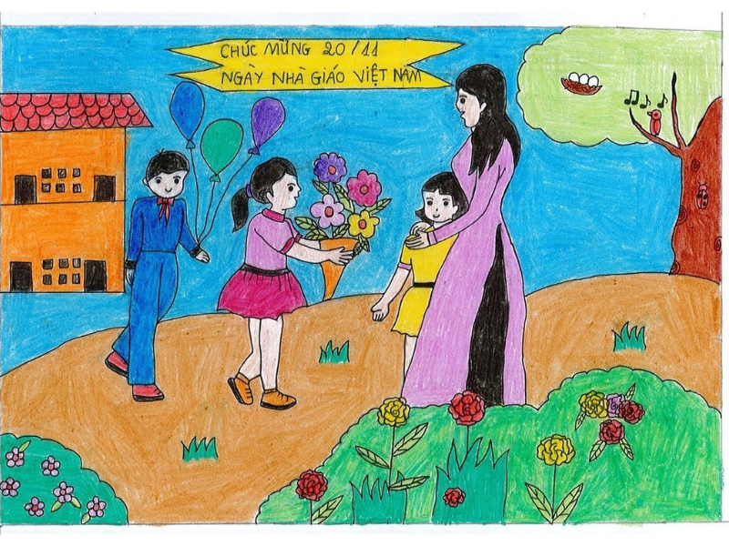 Bức tranh phong cảnh thanh bình, nơi cô giáo dìu dắt các em trên con đường tri thức.