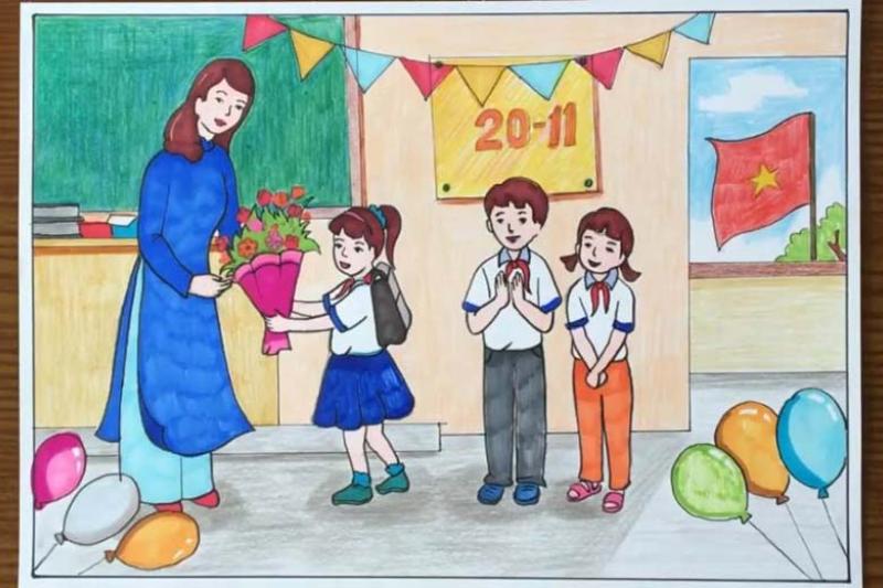 Bức tranh vẽ nét đơn giản nhưng làm nổi bật hình ảnh người cô dịu dàng bên học trò ngoan.