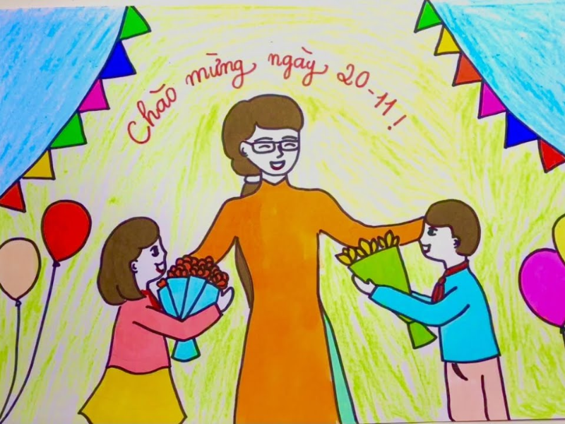 Nét vẽ hồn nhiên, tươi sáng thể hiện tình cảm ấm áp và sự gắn kết giữa cô và trò.