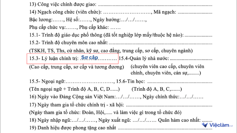 Cách ghi trình độ chính trị trong sơ yếu lý lịch mẫu 2C