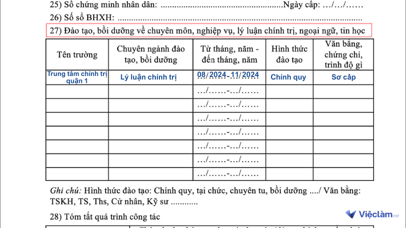 Trình độ chính trị trong mẫu sơ yếu lý lịch 2C