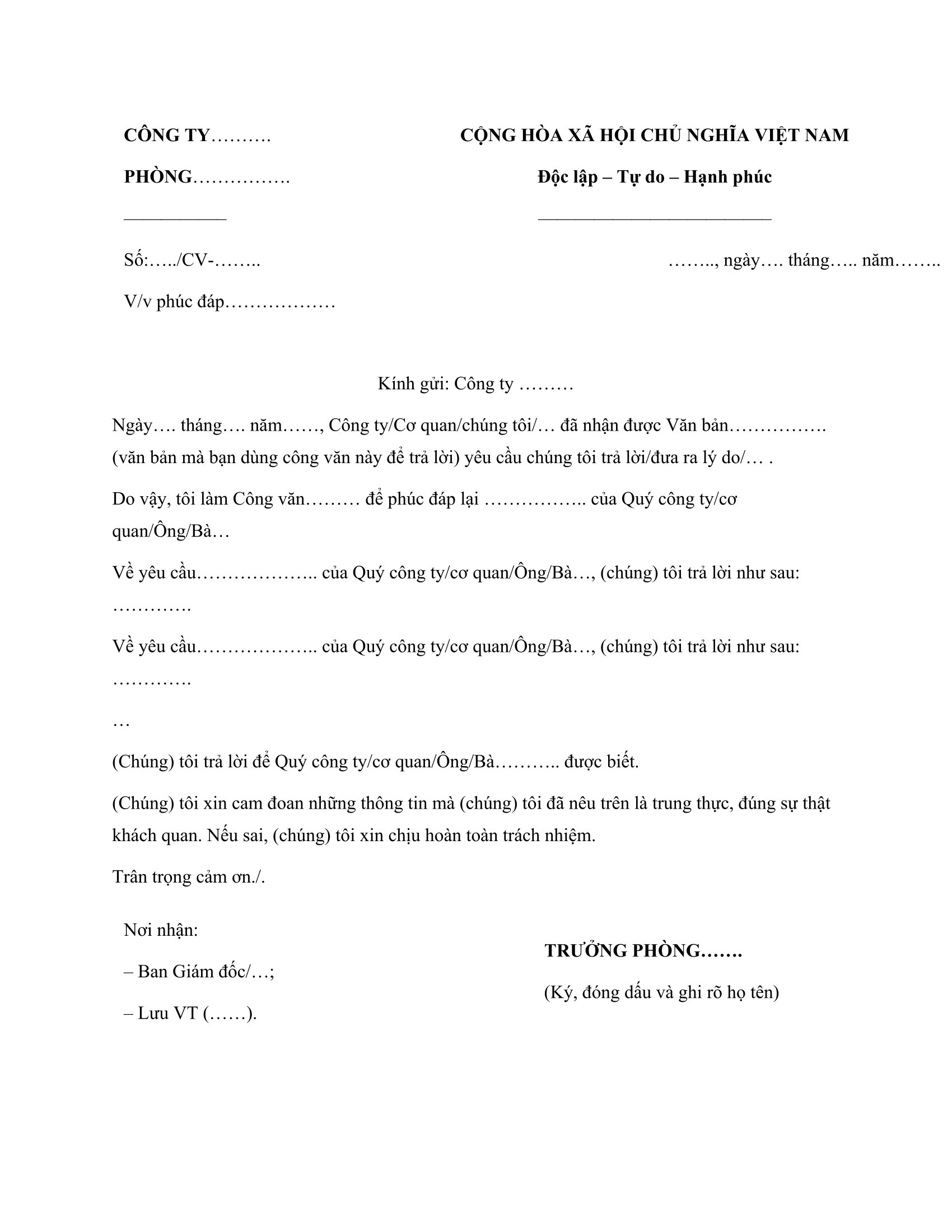 Mãu công văn phúc đáp mẫu 2