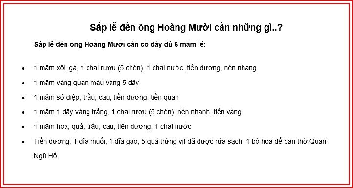 sắp lễ ông hoàng mười cần những gì