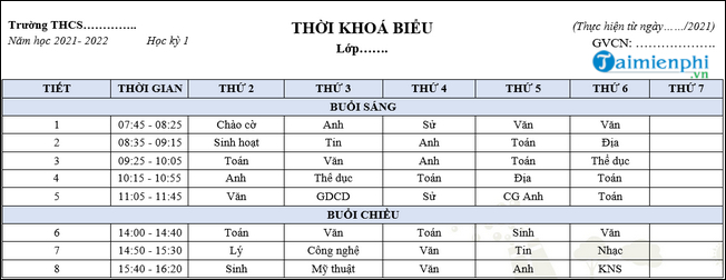 Mau thoi khoa bieu cho hoc sinh