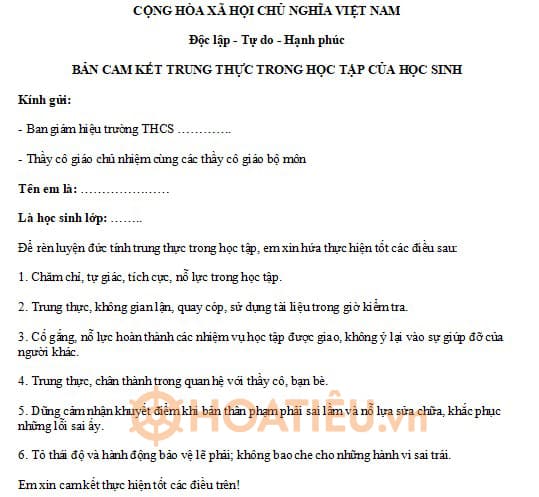 Bản cam kết đi học đầy đủ, không đi học muộn cho học sinh