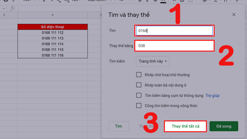 Thay đổi đầu số bằng Tìm và thay thế