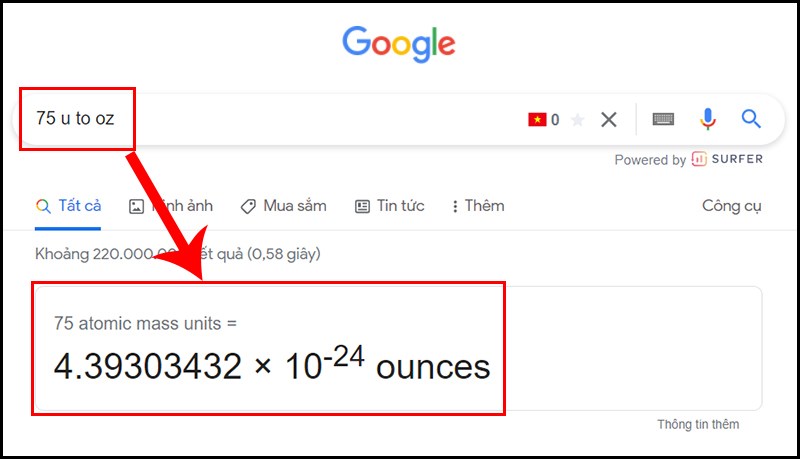 Dùng Google để chuyển đổi đơn vị khối lượng nguyên tử sang các đơn vị khác