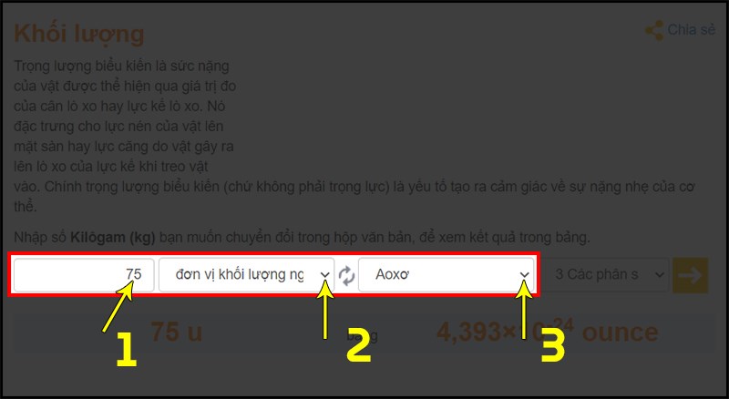 Nhập số lượng muốn chuyển > Chọn Đơn vị khối lượng nguyên tử