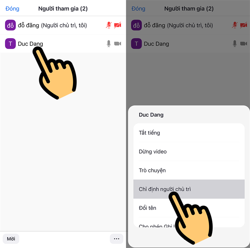 Click chọn người muốn chuyển Host lớp học trên Zoom