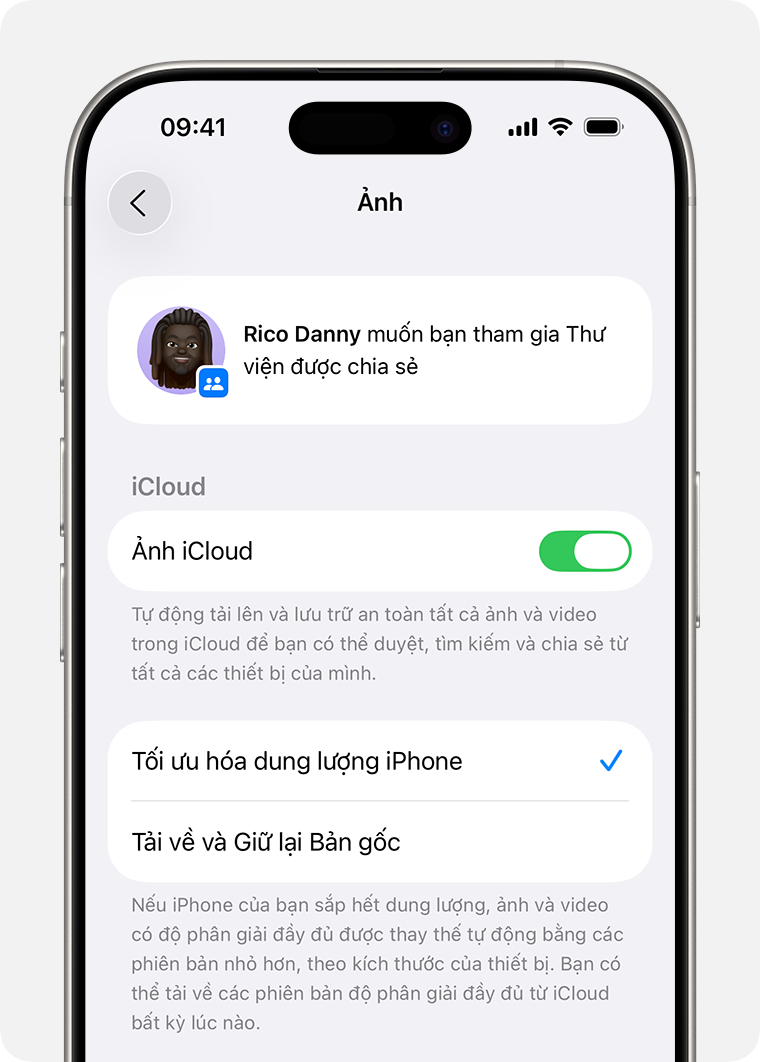 Nếu bạn có lời mời vào Thư viện được chia sẻ, bạn có thể tìm thấy lời mời đó ở đầu mục Ảnh trong phần Cài đặt của thiết bị, trong "Lời mời vào Thư viện được chia sẻ".