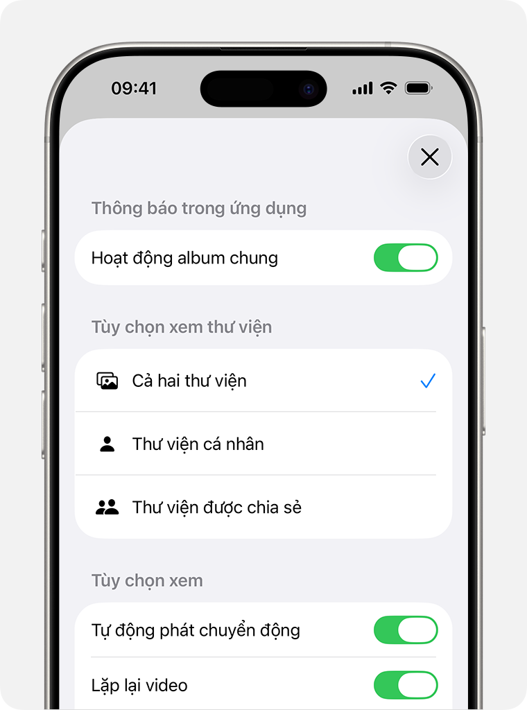 Màn hình iPhone hiển thị Cả hai thư viện, Thư viện cá nhân và Thư viện được chia sẻ trong Tùy chọn xem thư viện.