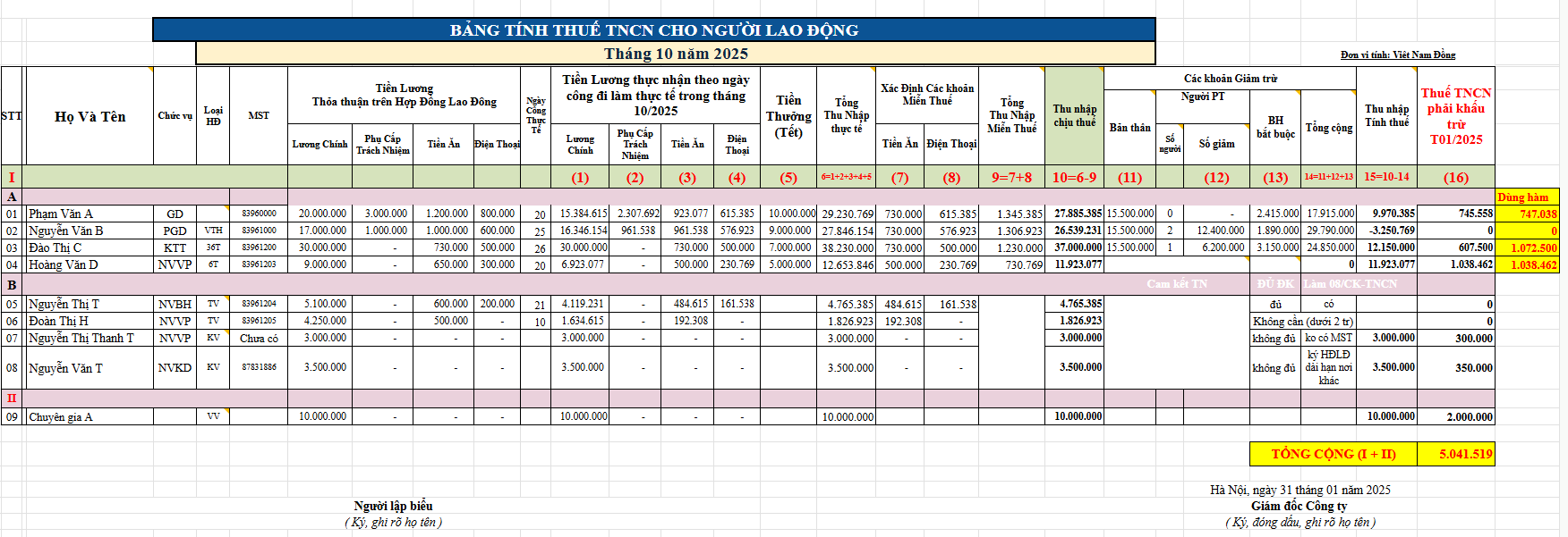 mẫu bảng tính thuế TNCN