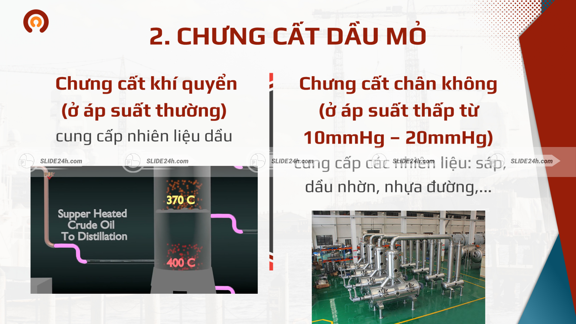Giai đoạn chưng cất dầu mỏ, gồm chưng cất khí quyển và chưng cất chân không.
